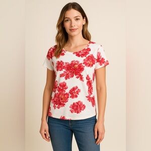 Lands’ End Red Floral Slub Knit Tee M | Lightweight Peony Print Shirt Women’s